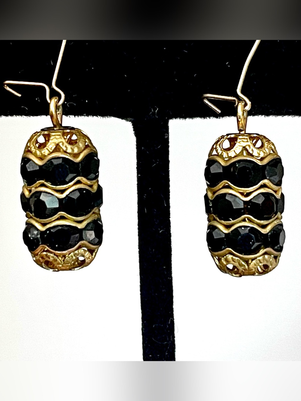 Vintage Black Glass Rhinestone Gold Tone Dangle Earrings Gothic Quiet Luxury EUC
